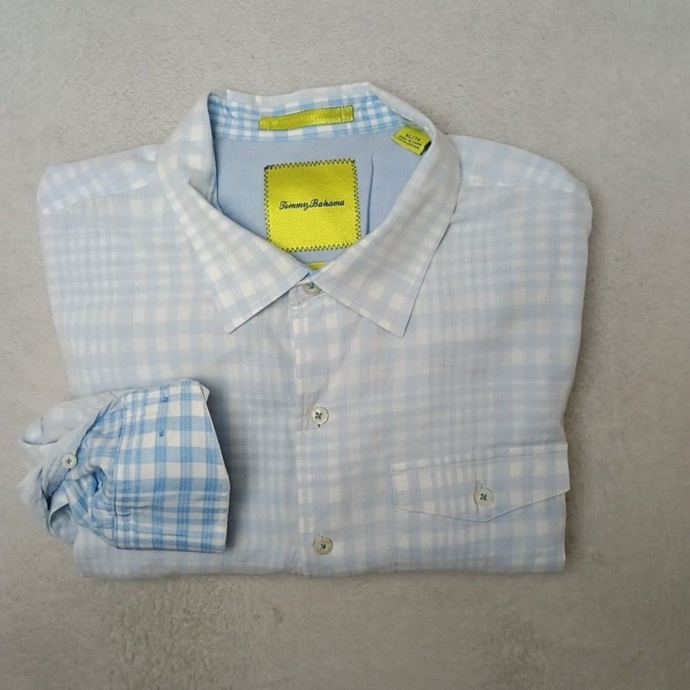 Tommy Bahama Shirt Men XL Light Blue Plaid Button-Up Island Modern Reverse Print